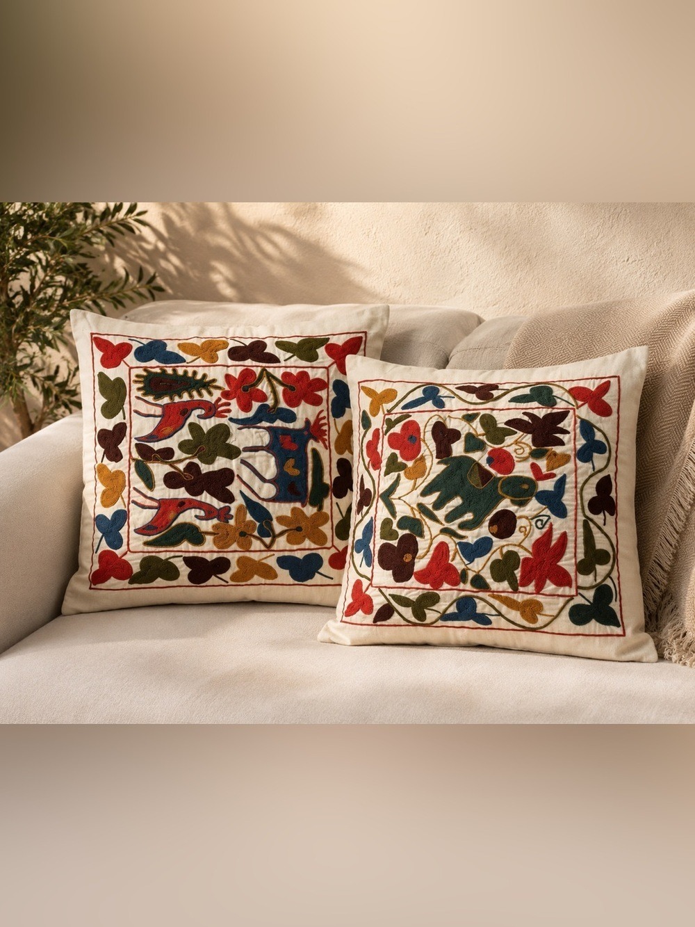 🪡 Pair of Handcrafted Kashmiri Crewel Animal & Floral Pillow Covers – 18” x 18”